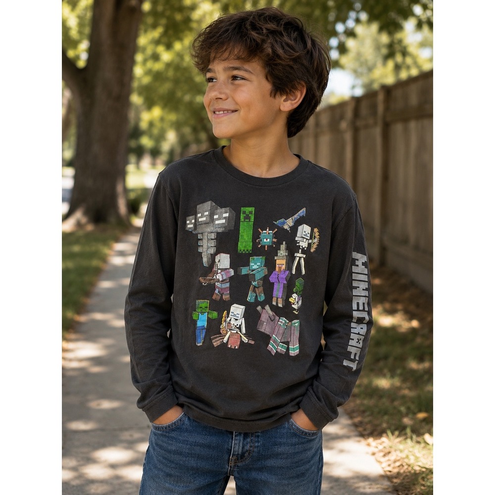 Minecraft Long Sleeve Graphic Tee Shirt Black Mojang Mobs Size Large L 14/16